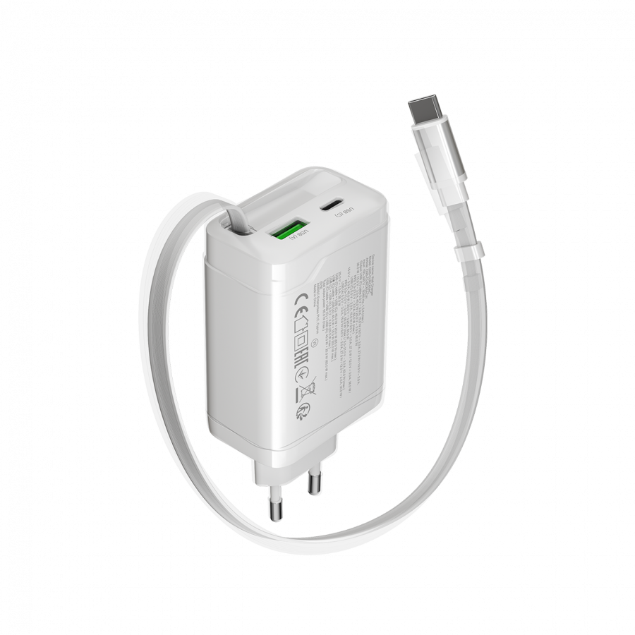 CANYON charger OnCharge 65RC Build-In Cable USB-C 65W 1xPD 1xQC EU White - slika 2