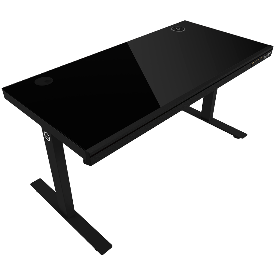 Dual-motor sit/stand adjustable-height gaming desk with wireless charger, RGB lighting, control panel, and USB ports, solid tempered glass tabletop, black. - slika 4