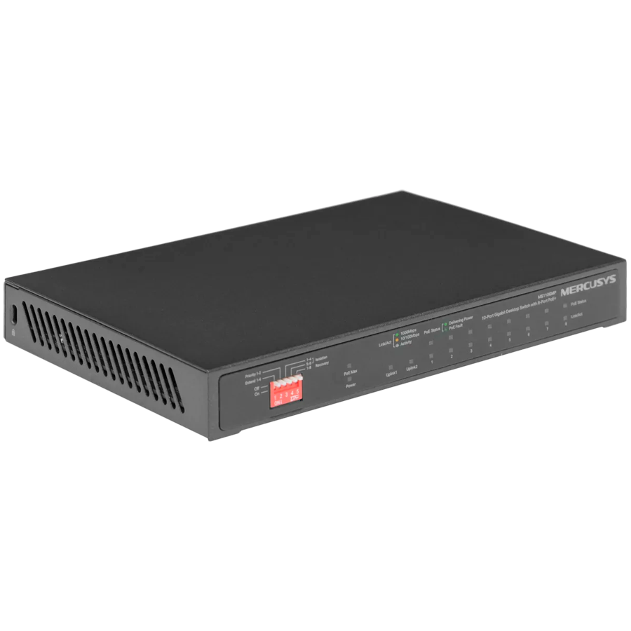 Mercusys MS112GMP 12-Port Gigabit Desktop Switch with 8-Port PoE+,  8x G PoE+ Ports, 2x G Non-PoE Ports, 2x G SFP Slots, 110 W PoE Power, Desktop Steel Case, Wall Mounting,  Extend Mode for 250m PoE T - slika 3