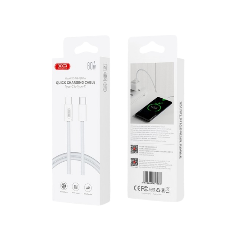 USB kabal XO NB-Q260A USB-C to USB-C 60W pleteni White