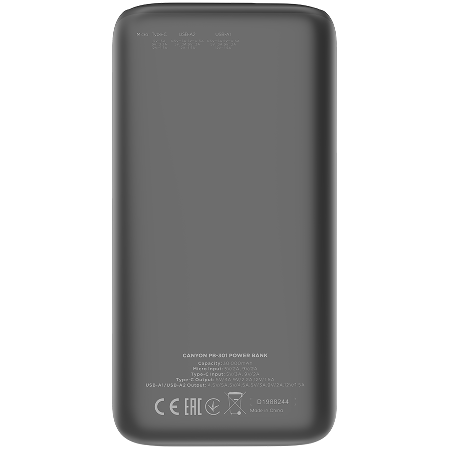 CANYON power bank PB-301 LED 30000 mAh PD 20W QC 3.0 Crni - slika 2