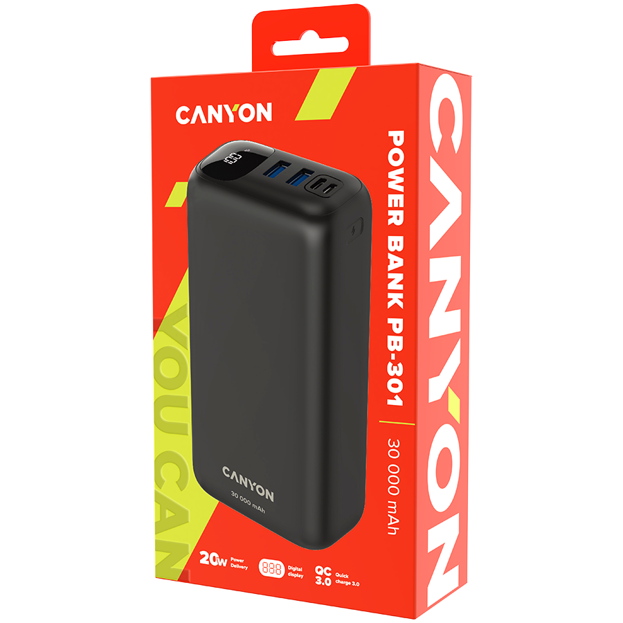 CANYON power bank PB-301 LED 30000 mAh PD 20W QC 3.0 Crni - slika 4