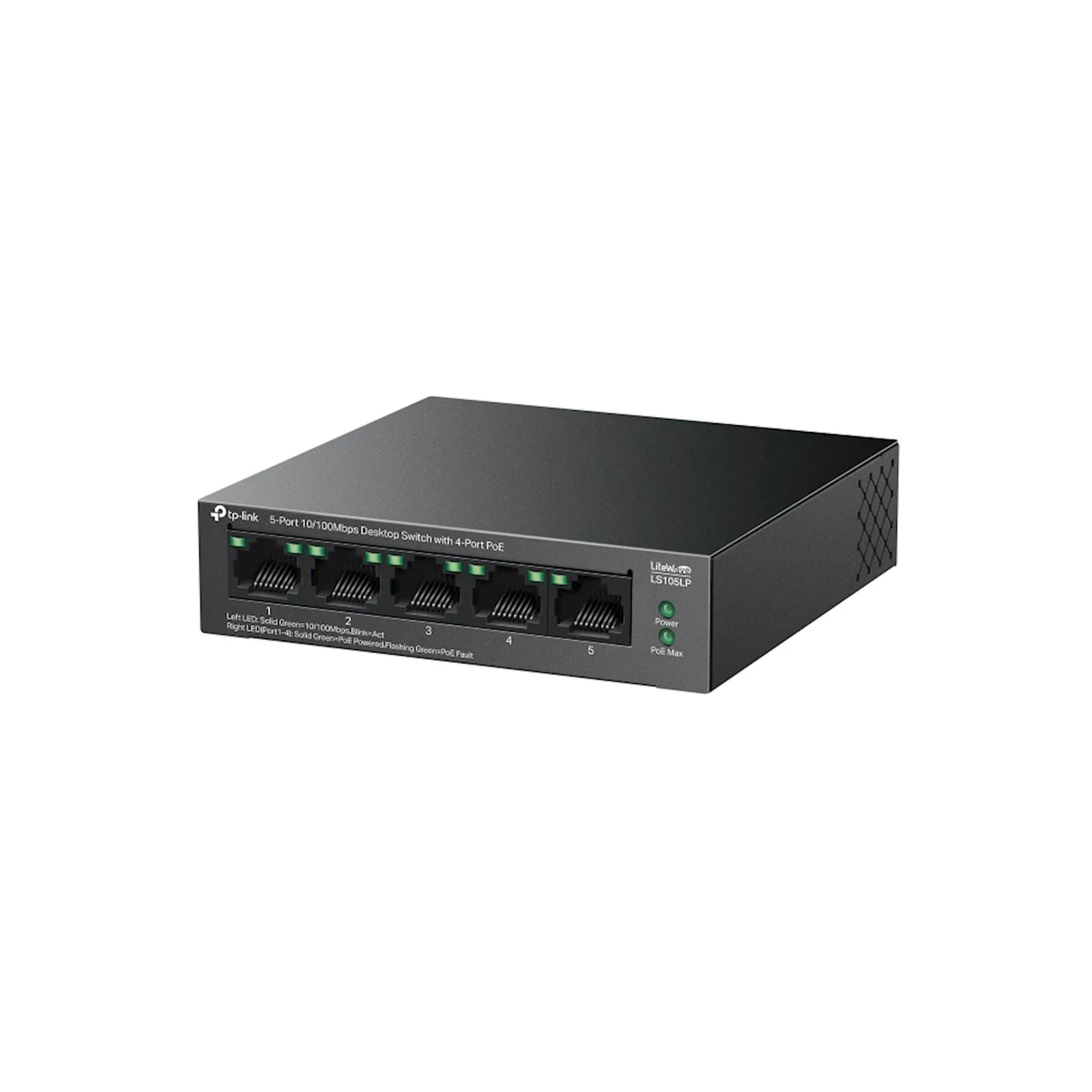 TP-Link LS105LP 5-Port 10/100 Mbps Desktop Switch with 4-Port PoE, 4× 10/100 Mbps PoE Ports, 1× 10/100 Mbps Non-PoE Port, 802.3af, 41 W PoE Power, Desktop Steel Case, Extend Mode for 250m PoE Transmit - slika 7