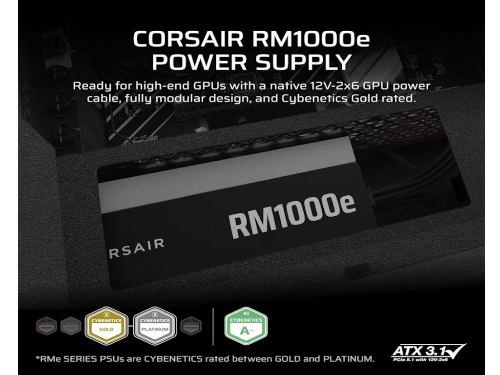 Corsair PSU 1000W RM1000eGold, Fully Modular, 12V-2x66xSATA, 3xPCIe, ATX 3.1, PCIe 5.1 - slika 3