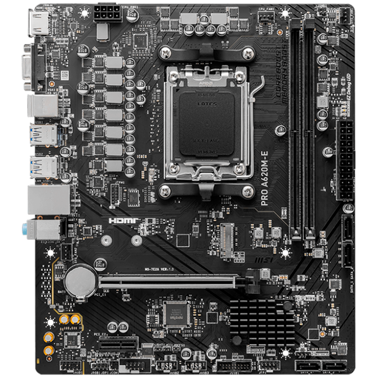 MSI PRO A620M-E, mATX, Socket AM5, Dual Channel DDR5 6800+MHz, 1x PCIe x16 slot, 1x M.2 slot, 1x HDMI, 1x VGA, 2x USB 3.2 Gen 1, 4x USB 2.0, 7.1 HD Audio, Realtek RTL8111H Gigabit LAN, 3Y - slika 2