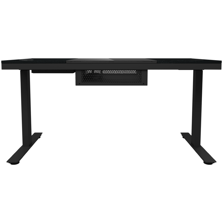Dual-motor sit/stand adjustable-height gaming desk with built-in PC case, wireless charger, RGB lighting, control panel, and USB ports, tempered glass tabletop, black. - slika 5