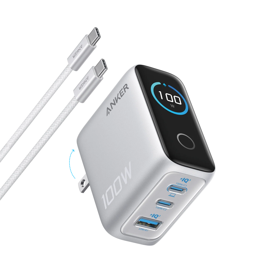 Anker Charger (100W, 3 Ports, Smart Display) Silver