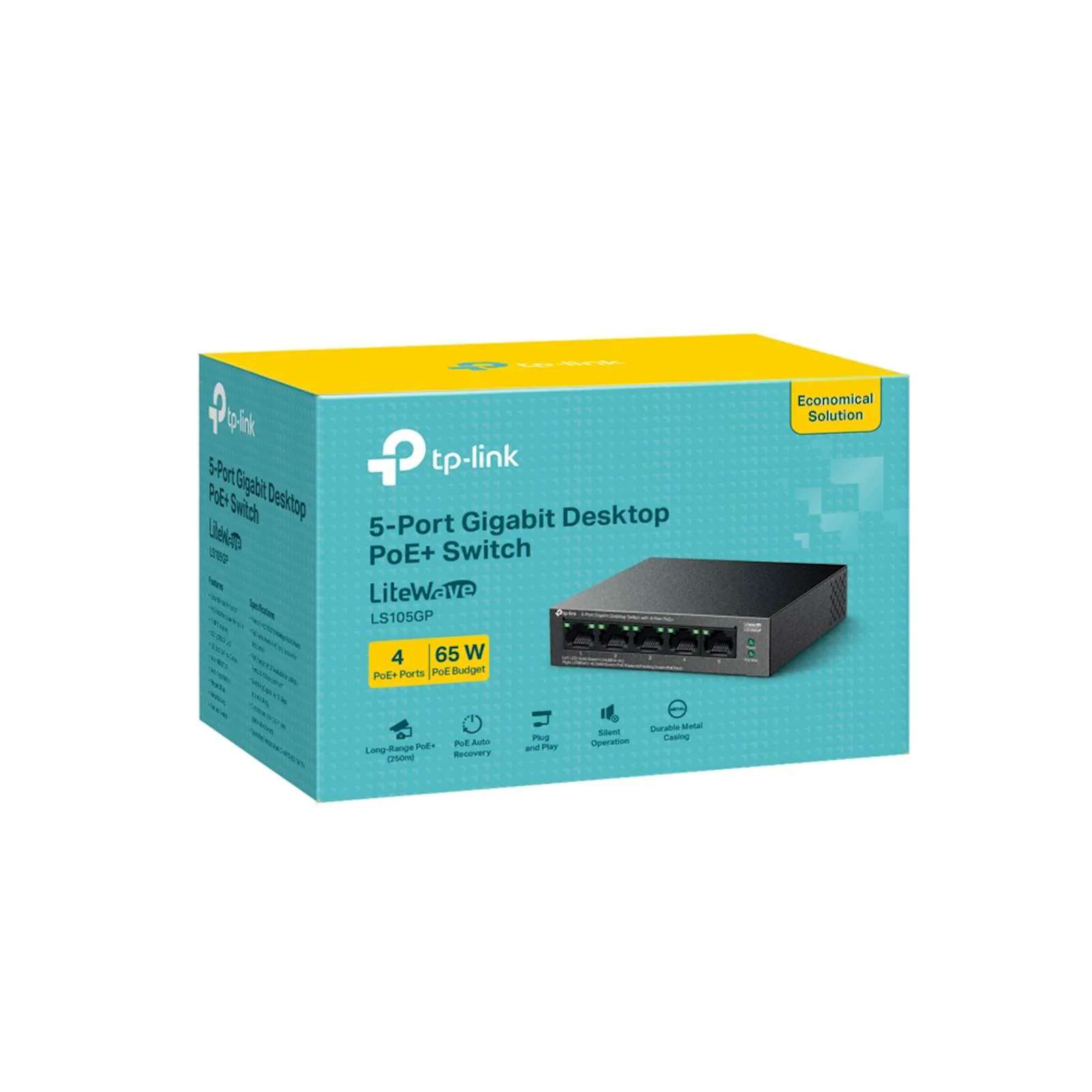 TP-Link LS105GP 5-Port Gigabit Desktop Switch with  4-Port PoE+, 4x Gigabit PoE+ Ports, 1x Gigabit Non-PoE Port, 802.3af/at, 65 W PoE Power, Desktop Steel Case, Extend Mode for 250m PoE Transmitting,  - slika 2