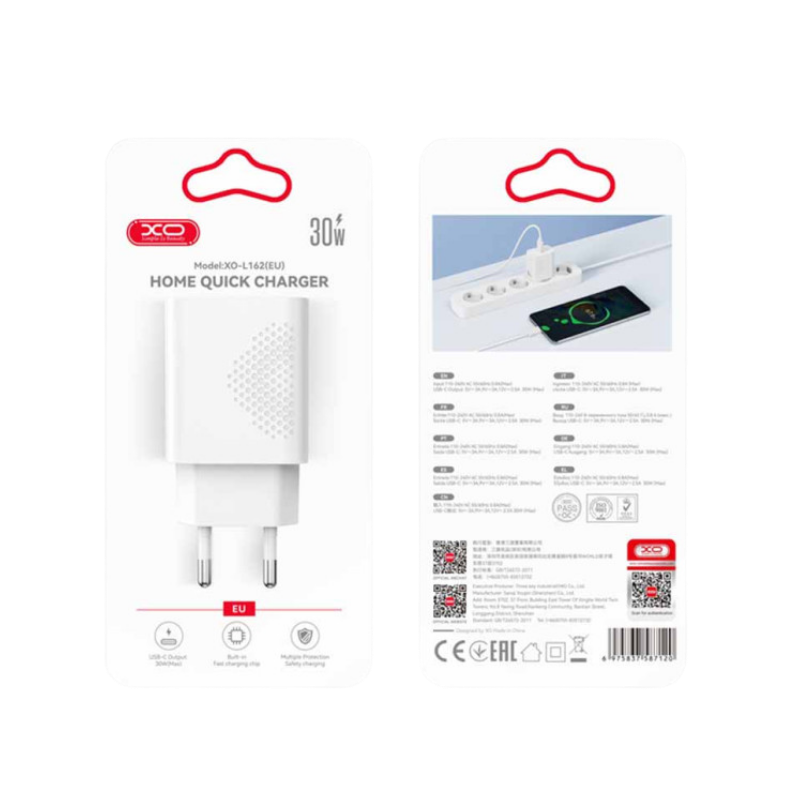 Kucni punjac XO L162 USB-C 30W fast White - glava