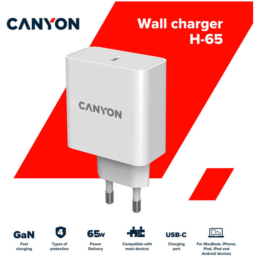 CANYON H-65, GAN 65W charger  Input:  100V-240V Output: 5.0V3.0A /9.0V3.0A /12.0V-3.0A/ 15.0V-3.0A /20.0V3.25A , Eu plug, Over- Voltage ,  over-heated, over-current and short circuit protection Compli - slika 5