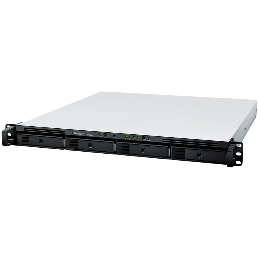 Synology RackStation RS822+, 1U, 4-bays, AMD Ryzen V1500B 4-core 2.2 GHz; 2 GB DDR4 ECC SODIMM, 1x free memory slot (up to 32GB upgradable); 4x RJ45 1GbE, 2x USB 3.1; PCIe Gen3 – Card/M2D20, 150W PS,