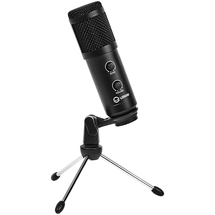 LORGAR Soner 313, Gaming Microphones, Black, USB condenser microphone with Volume Knob & Echo Kob, including 1x Microphone, 1 x 2.5M USB Cable, 1 x Tripod Stand, 1 x User Manual, body size: Φ47.4*158.