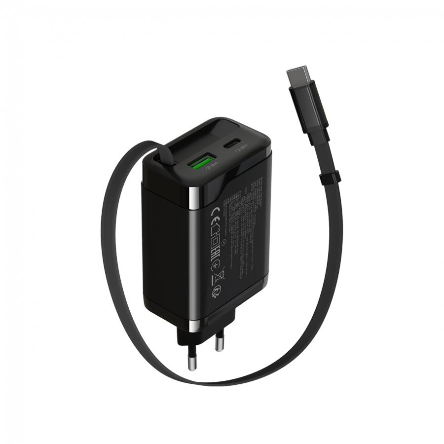 CANYON charger OnCharge 65RC Build-In Cable USB-C 65W 1xPD 1xQC EU Black - slika 2