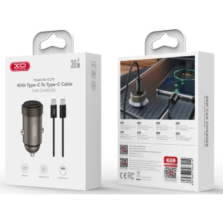 XO CC70 Car charger 30W + Type-C Cable Black - slika 2