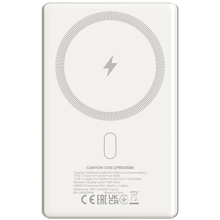 CANYON power bank OnPower 505 slim Magnetic 5000 mAh PD20W Bež - slika 3
