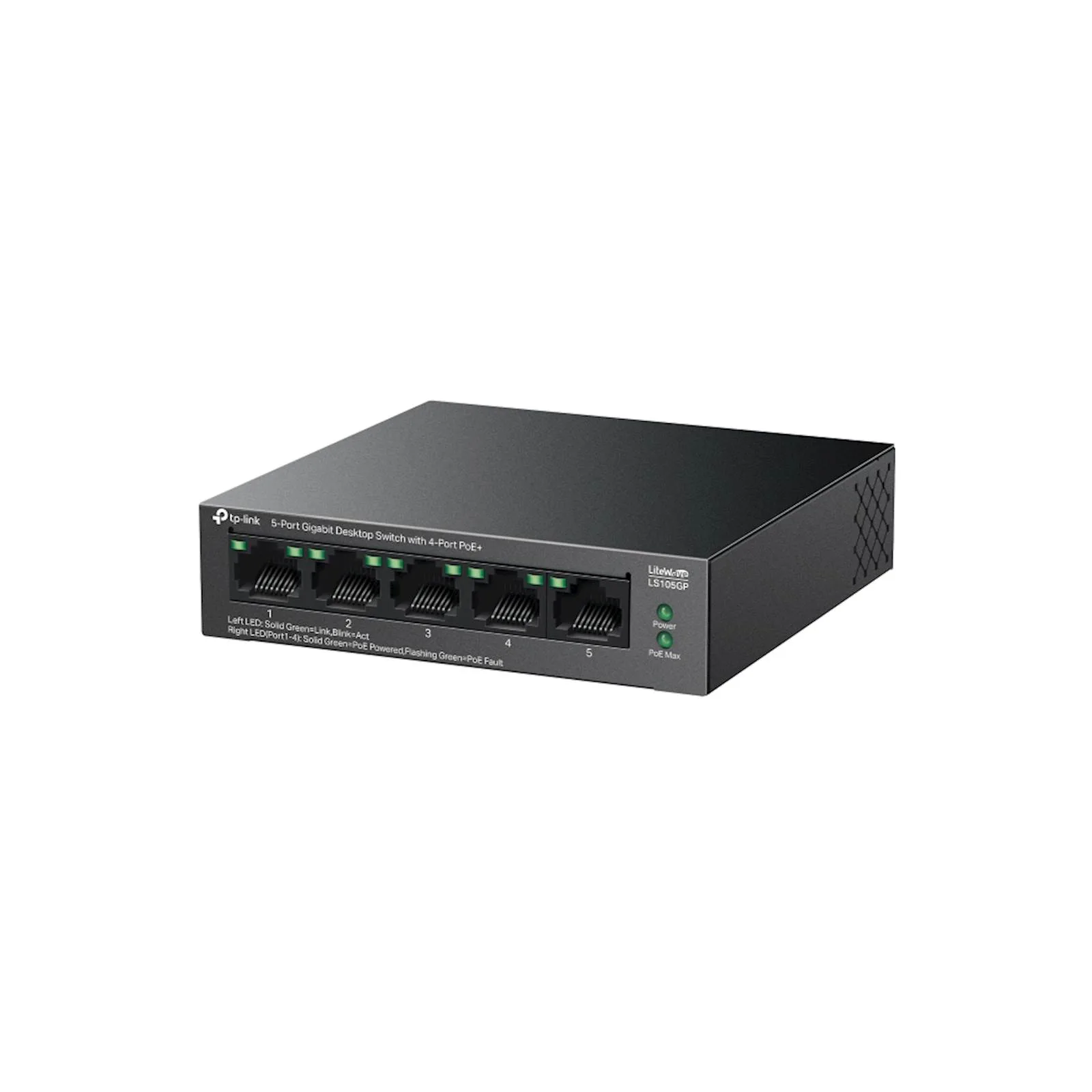 TP-Link LS105GP 5-Port Gigabit Desktop Switch with  4-Port PoE+, 4x Gigabit PoE+ Ports, 1x Gigabit Non-PoE Port, 802.3af/at, 65 W PoE Power, Desktop Steel Case, Extend Mode for 250m PoE Transmitting,  - slika 3