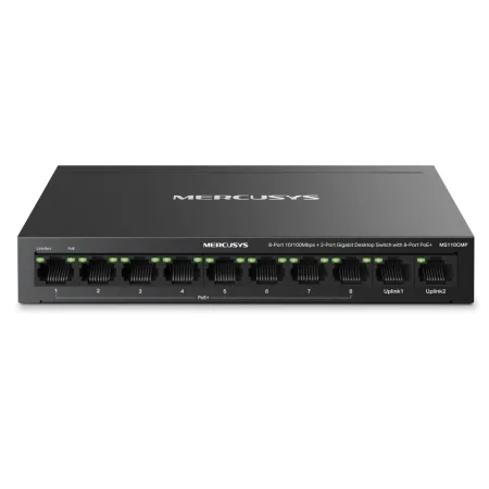 Mercusys MS110CMP 10-Port 10/100Mbps Desktop Switch with 8-Port PoE+, 8 x 10/100 Mbps PoE+ Ports, 2 x Gigabit non-PoE Ports, 115 W PoE Power, Increases PoE transmission distance to 250m by Extend Mode - slika 2