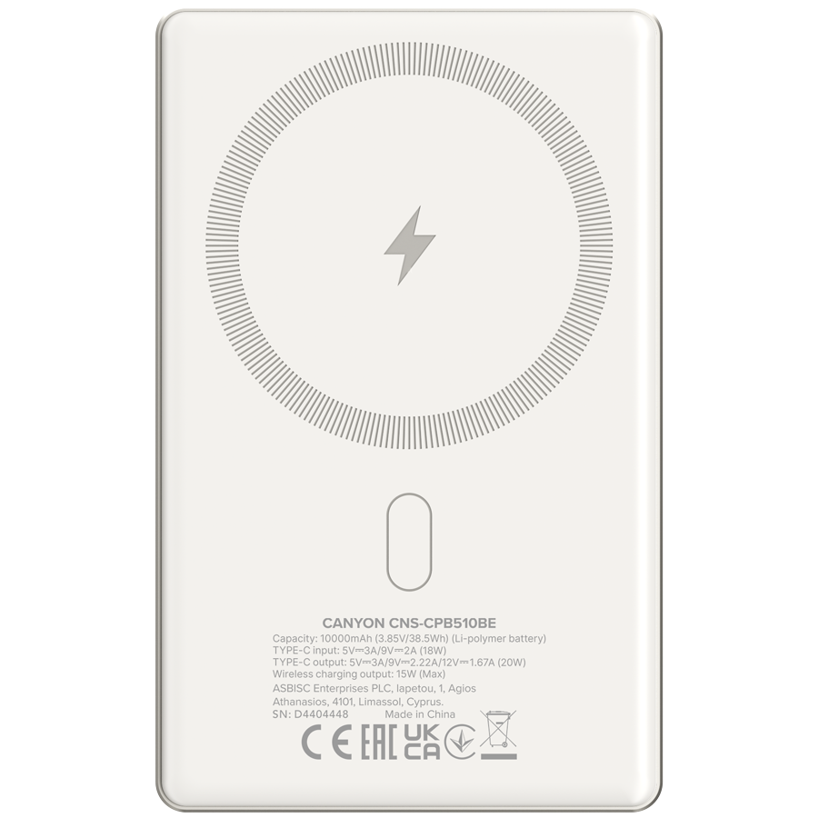 CANYON power bank OnPower 510 slim Magnetic 10000 mAh PD20W Bež - slika 3