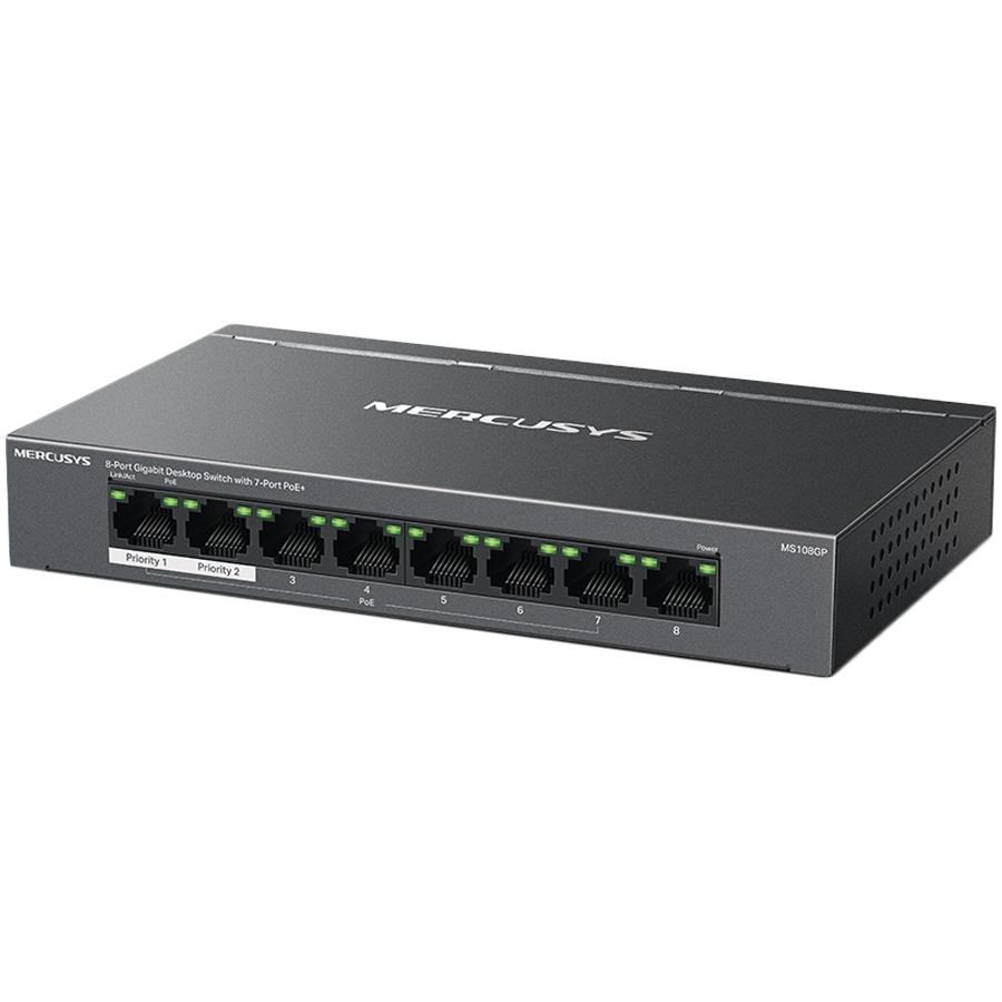 Mercusys MS108GP 8-Port Gigabit Desktop Switch with 7-Port PoE+, 7× Gigabit PoE+ Ports, 1× Gigabit Non-PoE Ports, Compatible with 802.3af/at PDs, 65 W PoE Power, Desktop Steel Case, Wall Mounting,Exte - slika 2