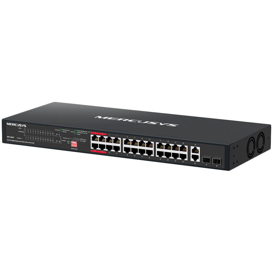 Mercusys MS128GP 28-Port Gigabit Rackmount Switch with 24-Port PoE+, 24x Gigabit PoE+ Ports, 2x Gigabit Non-PoE Ports, and 2x Gigabit SFP Slots, 295 W PoE Power, Rackmountable Steel Case, Extend Mode  - slika 2