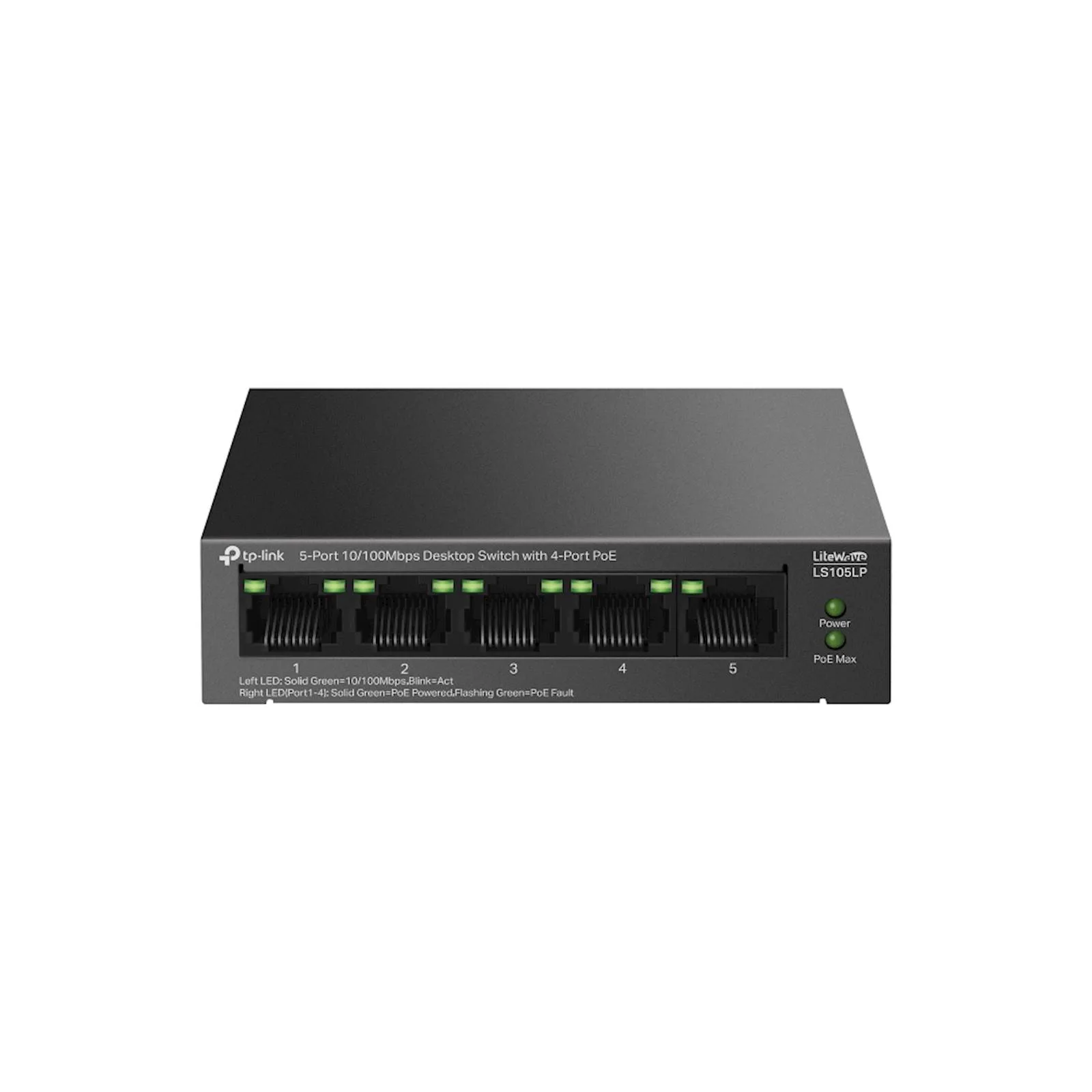 TP-Link LS105LP 5-Port 10/100 Mbps Desktop Switch with 4-Port PoE, 4× 10/100 Mbps PoE Ports, 1× 10/100 Mbps Non-PoE Port, 802.3af, 41 W PoE Power, Desktop Steel Case, Extend Mode for 250m PoE Transmit - slika 5