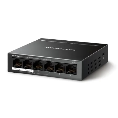 Mercusys MS106LP 6-Port 10/100 Mbps Desktop Switch with 4-Port PoE+, Compatible with 802.3af/at PDs, 40 W PoE Power, Desktop Steel Case, Wall Mounting, Extend Mode for 250m PoE Transmitting, Priority  - slika 3