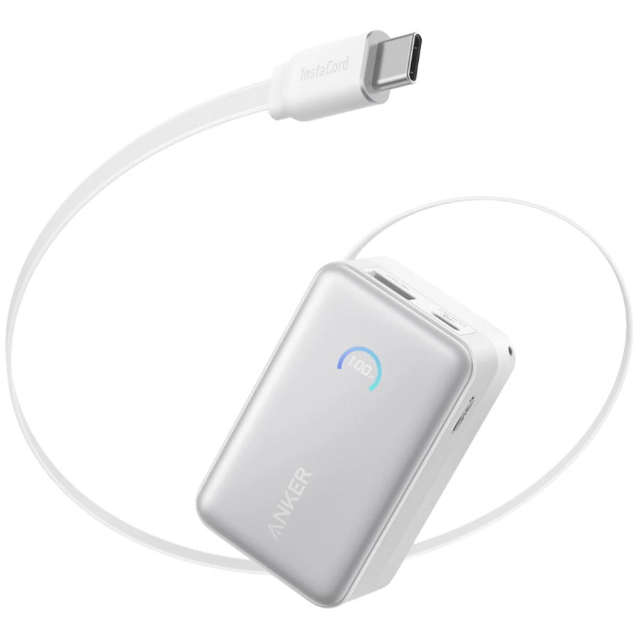 Anker Nano Power Bank (10K, 45W, Built-In Retractable USB-C Cable) White, Smart Display, 70 cm Retractable USB-C Cable, 1x USB-A, 1x USB-C
