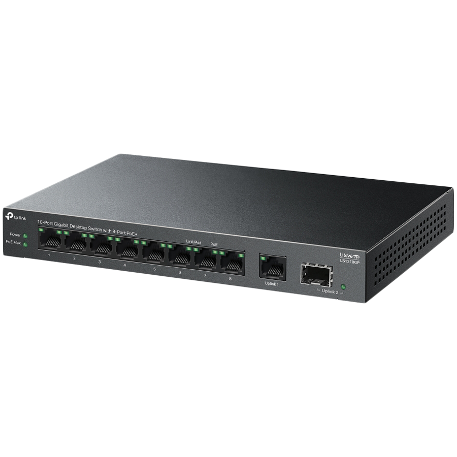 TP-Link LS1210GP 10-Port Gigabit Desktop Switch with 8-Port PoE+, 8× Gigabit PoE+ Ports, 1x Gigabit Non-PoE Port, 1× Gigabit SFP Slot, 61 W PoE Power, Desktop Steel Case, Extend Mode for 250m PoE Tran - slika 3