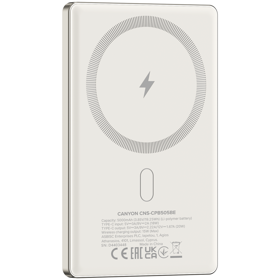CANYON power bank OnPower 505 slim Magnetic 5000 mAh PD20W Bež - slika 4