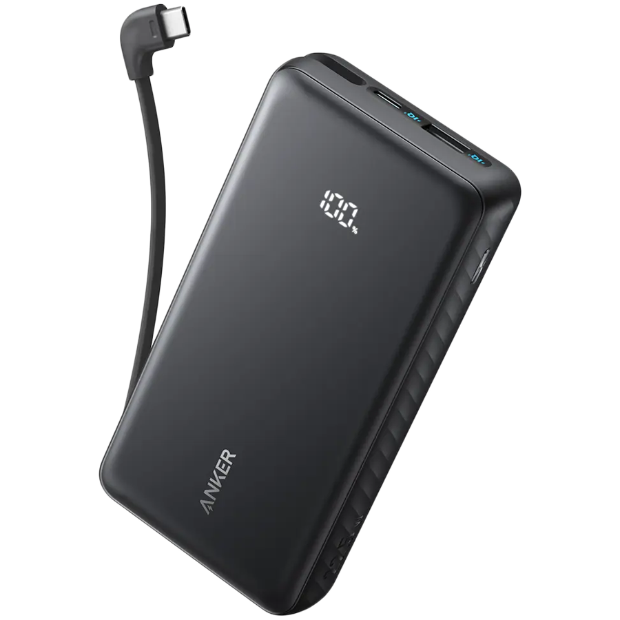 Anker Zolo Power Bank (20K, 22.5W, Built-In USB-C Cable) Black 1x USB-A, 2x USB-C