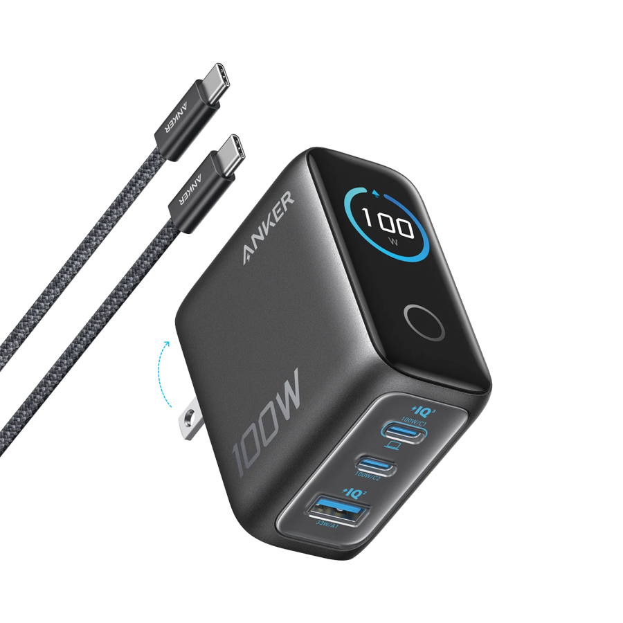 Anker Charger (100W, 3 Ports, Smart Display) Gray